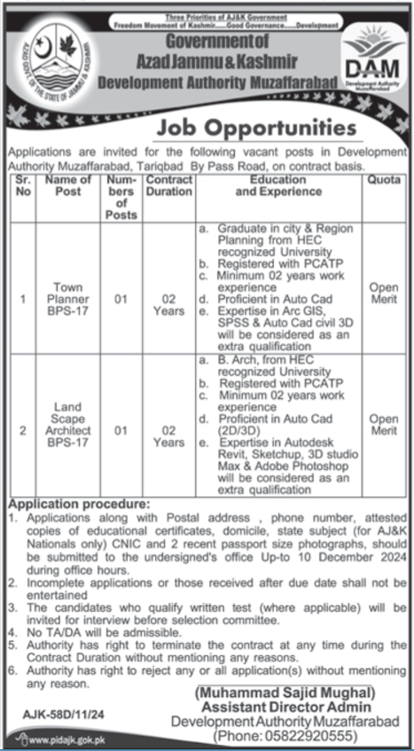 AJK Development Authority Jobs 2024 – Govt of Azad Kashmir Jobs 2024 — original advertisement