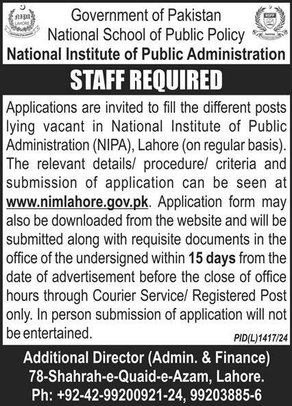 National School Of Public Administration NIPA Jobs 2024 – National School of Public Policy Lahore Jobs 2024 — original advertisement
