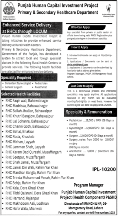 Punjab Human Capital Investment Project PHCIP Jobs 2024 – Punjab Human Organ Transplantation Authority Jobs 2024 — original advertisement