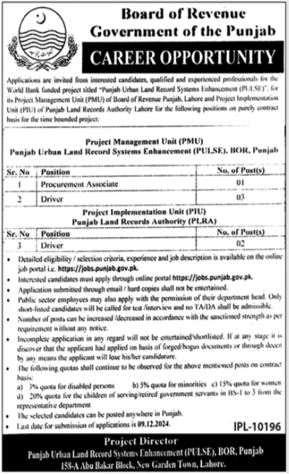 Punjab Urban Land Systems Enhancement PULSE Jobs 2024 – Revenue Department Punjab Jobs 2024 — original advertisement
