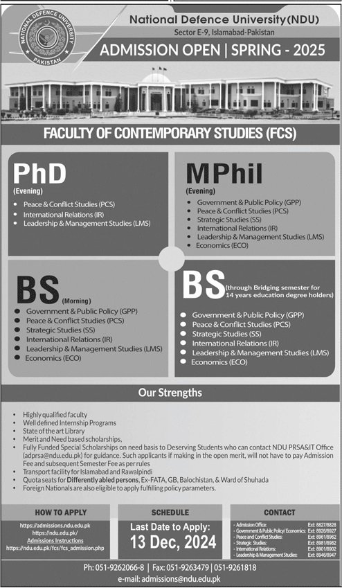 Admission Open in National Defence University 2025 – National Defence University, Pakistan Admissions 2024 — original advertisement