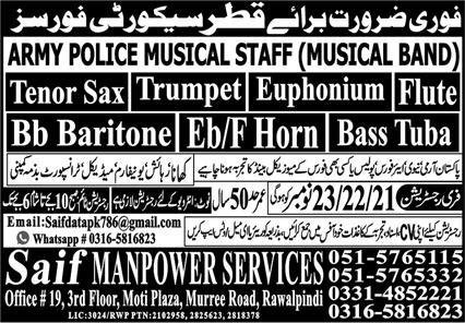 Army Police Musical Staff Jobs 2024 In Qatar – Saif Manpower Services Jobs 2024 — original advertisement