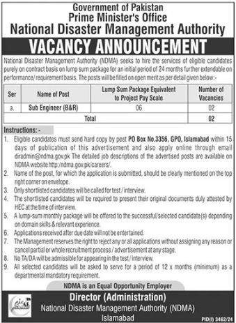 NDMA National Disaster Management Authority Jobs 2024 – National Disaster & Risk Management Fund Jobs 2024 — original advertisement