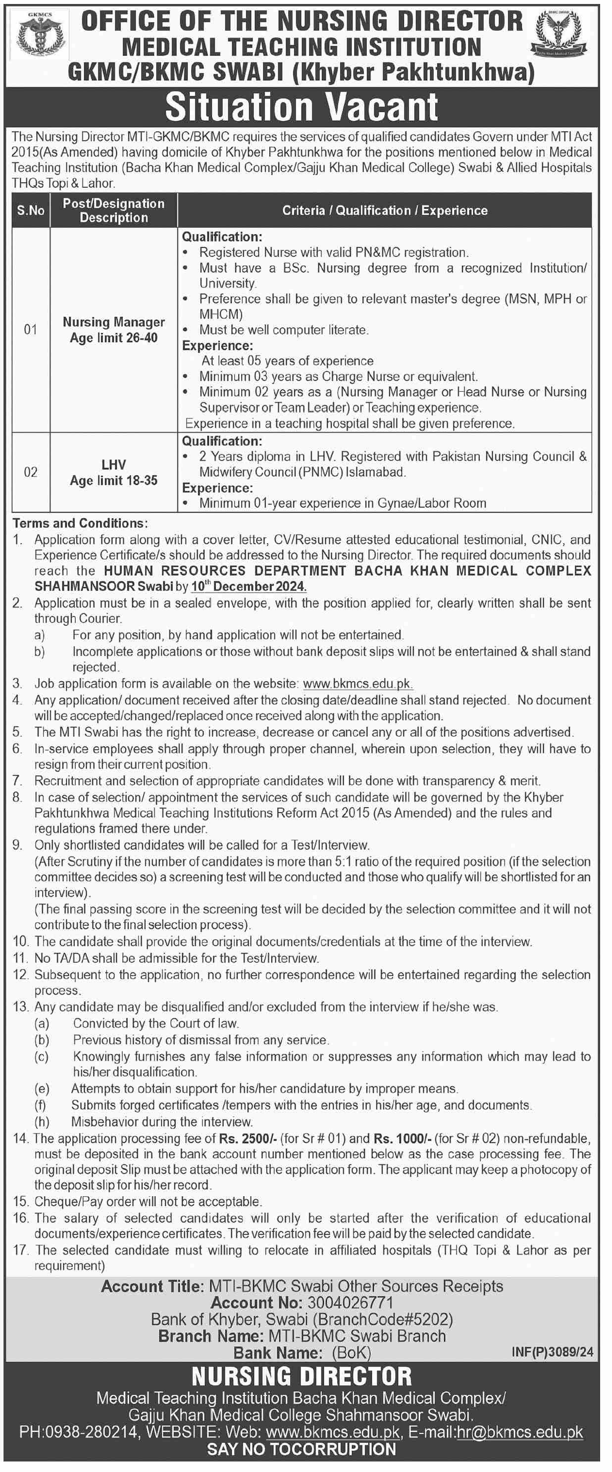 Gajju Khan Medical College GKMC MTI Swabi Jobs 2024 – Medical Teaching Institute MTI Khyber Teaching Hospital Peshawar Kpk Jobs 2024 — original advertisement