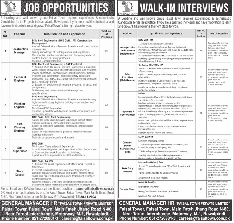 Faisal Town Private Limited Rawalpindi Jobs 2024 Jobs 2024 — original advertisement