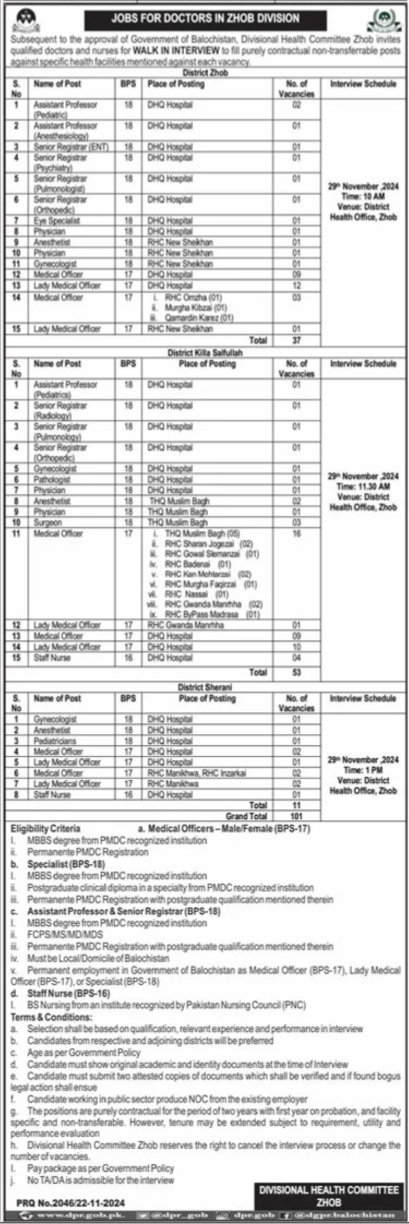 Divisional Health Committee Zhob Jobs 2024 – Health Department Balochsitan Jobs 2024 — original advertisement