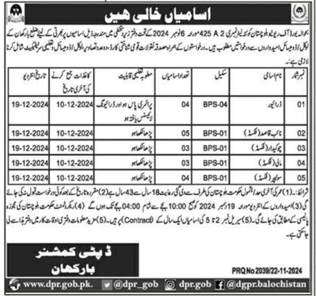 Deputy Commissioner DC Office Barkhan Jobs 2024 – Revenue Department Balochistan Jobs 2024 — original advertisement