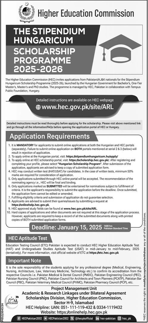 The Stipenidium Hungaricum Schlorship Programme 2025-2026 – Higher Education Commission Islamabad Jobs 2024 — original advertisement