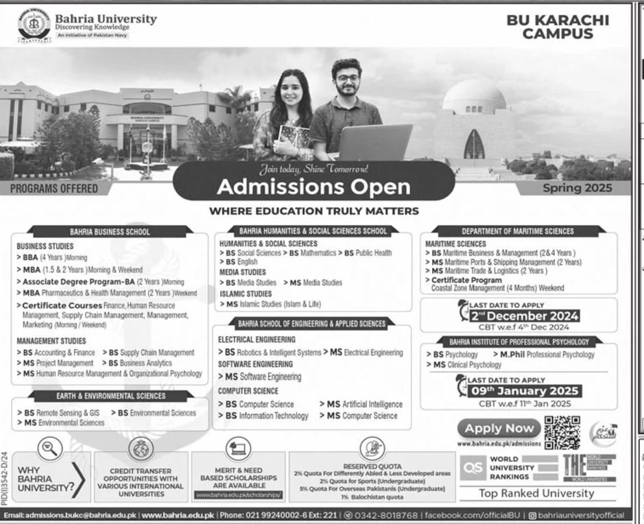 Admission Open in Bahria University Karachi Campus 2025 Admissions 2024 — original advertisement