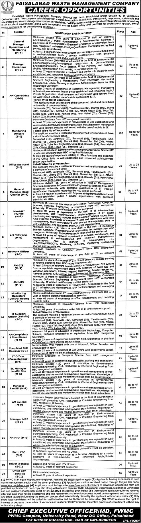 Faisalabad Waste Management Company FWMC Jobs 2024 Jobs 2024 — original advertisement