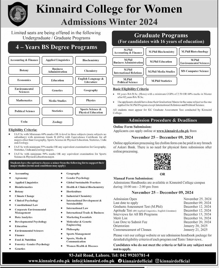 Admission Open in Kinnarid College For Women 2024 – Punjab Kinnaird College for Women Lahore Admissions 2024 — original advertisement