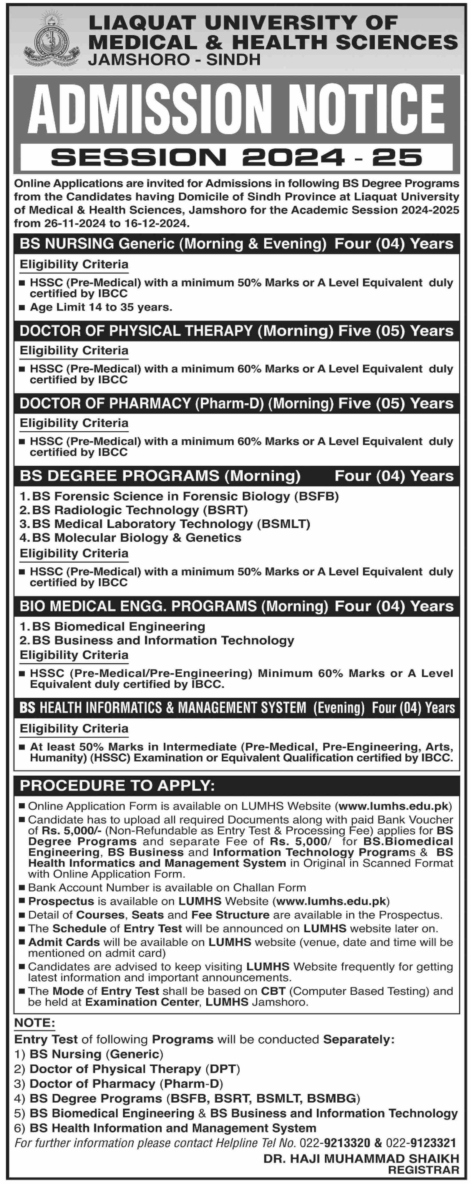 Admission Open in Liaquat University of Medical Health 2024 – Liaquat University of Medical & Health Sciences (LUMHS) Jamshoro Admissions 2024 — original advertisement