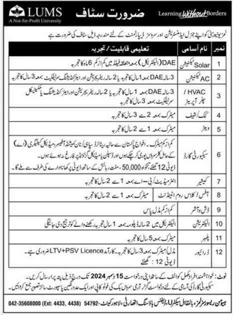 Lahore University of Management Sciences Lahore Jobs 2024 – Lahore University of Management Sciences (LUMS) Lahore Jobs 2024 — original advertisement