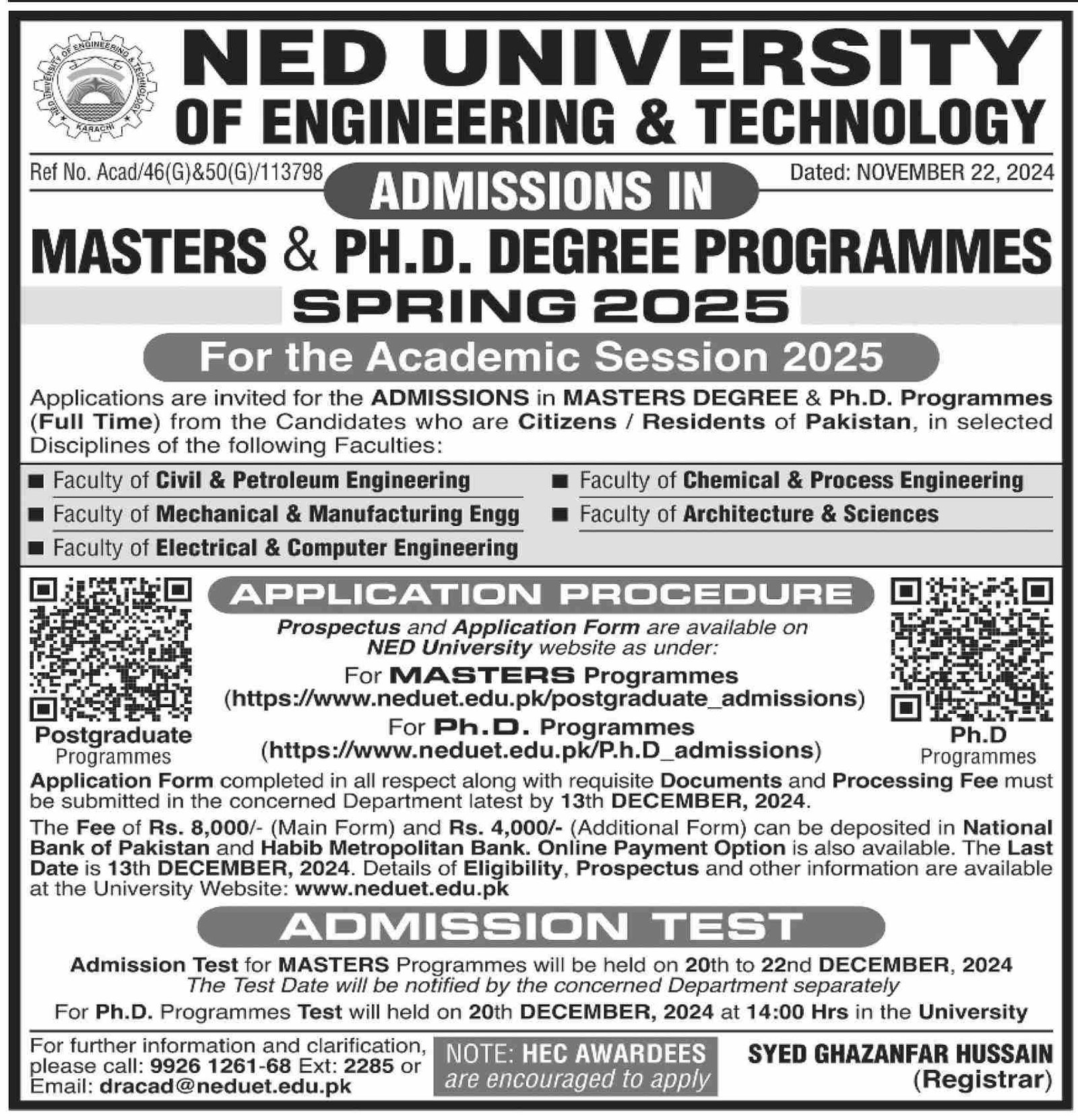 Admission Open in Ned University of Engineering And Technolg – NED University of Engineering and Technology Admissions 2024 — original advertisement
