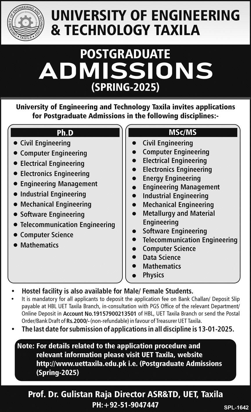 Admission Open in University of Engineering And Technology – University of Engineering and Technology Taxila Admissions 2024 — original advertisement