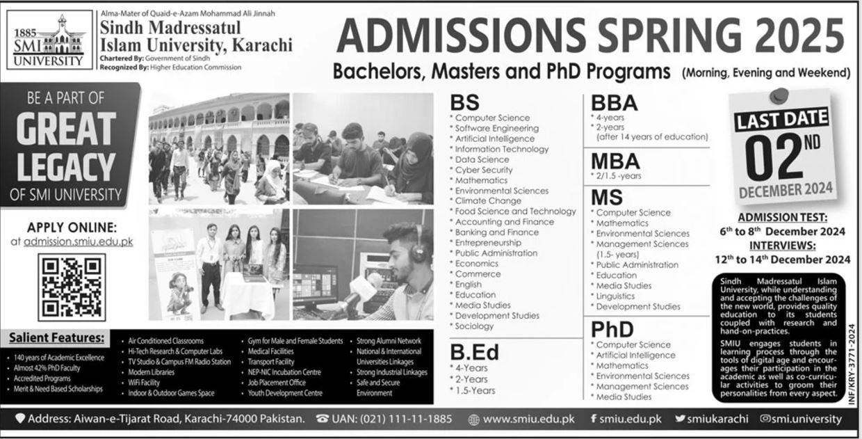 Admission Open in sindh Madressatul Islam Univeristy Karachi – Sindh Madressatul Islam University Karachi Admissions 2024 — original advertisement