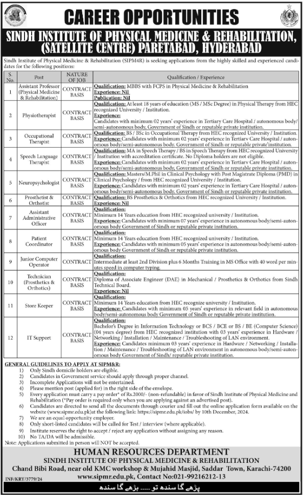 Sindh Institute Of Physical Medicine Jobs 2024 – Sindh Institute of Physical Medicine and Rehabilitation Jobs 2024 — original advertisement