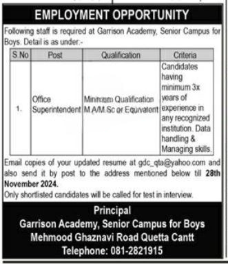 Garrison Academy Quetta Jobs 2024 – Garrison Medical Centre Allama Iqbal Jobs 2024 — original advertisement