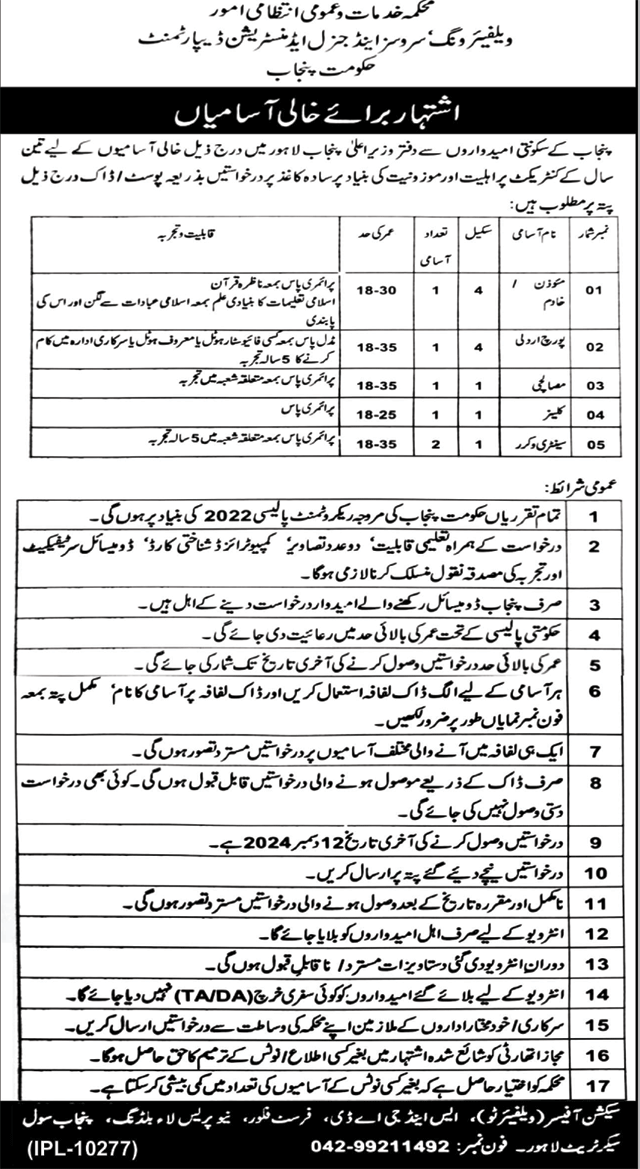 Services & General Administration Lahore Jobs 2024 – Govt of Punjab Jobs 2024 — original advertisement