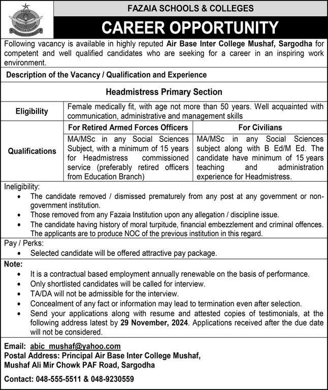 Air Base Inter College Mushaf Sargodha Jobs 2024 Jobs 2024 — original advertisement