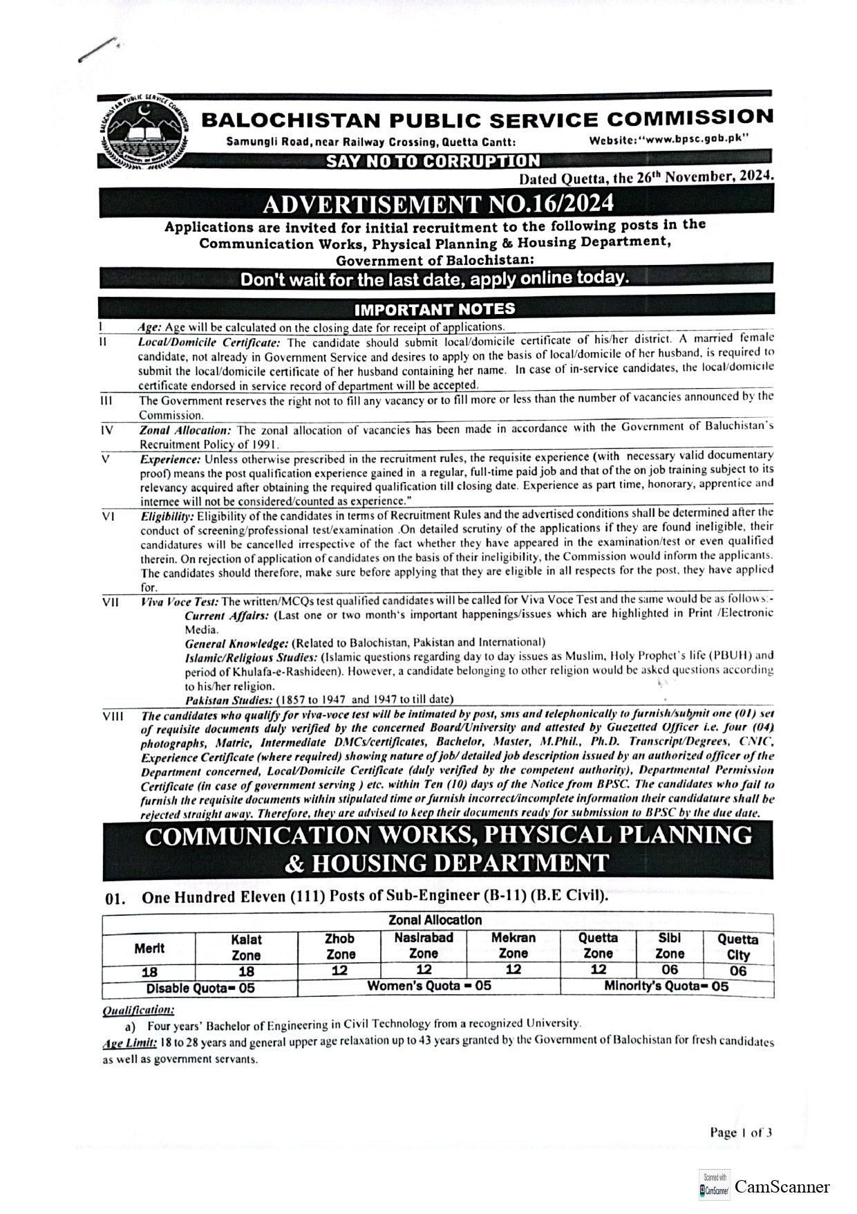 Balochistan Public Service Commission BPSC Jobs 16/2024 – Balochistan Public Service Commission Quetta Balochsitan Jobs 2024 — original advertisement