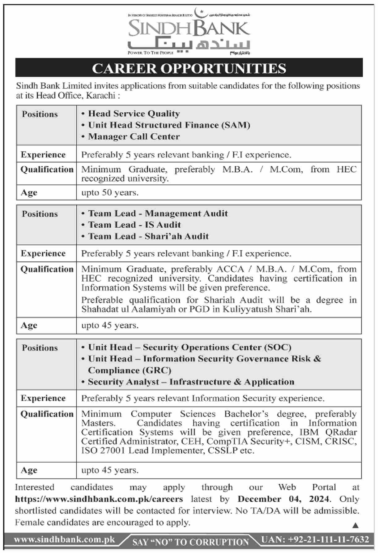 Sindh Bank Limited karachi Jobs 2024 Jobs 2024 — original advertisement