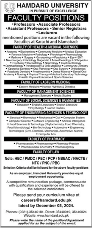 Hamdard University Karachi Jobs 2024 – Hamdard University Hospital Karachi Jobs 2024 — original advertisement