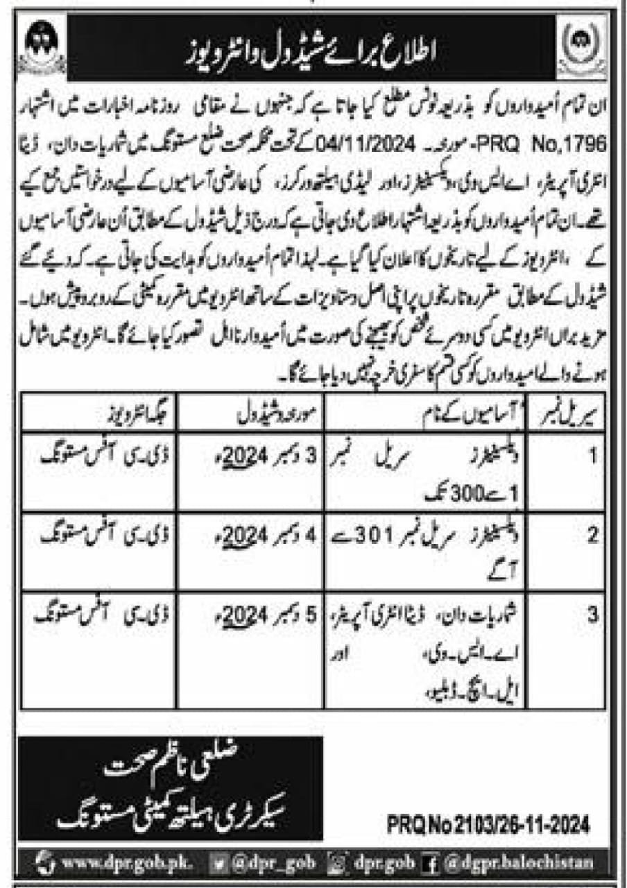 Test Interview in Health Department Mastung 2024 – Health Department Balochsitan Jobs 2024 — original advertisement