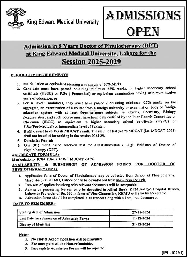 Admission Open in King Edward Medical University Lahore 2024 Admissions 2024 — original advertisement