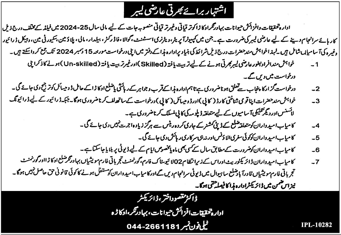 Livestock Production Research Institute Okara Jobs 2024 – Livestock and Dairy Development Department Punjab Jobs 2024 — original advertisement