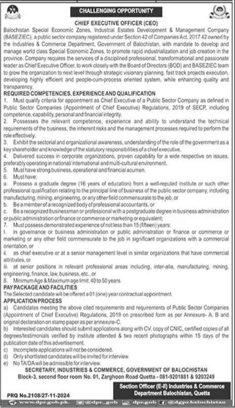 Balochistan Special Economic Zone BASEZIEC Jobs 2024 – Private Company Jobs 2024 — original advertisement