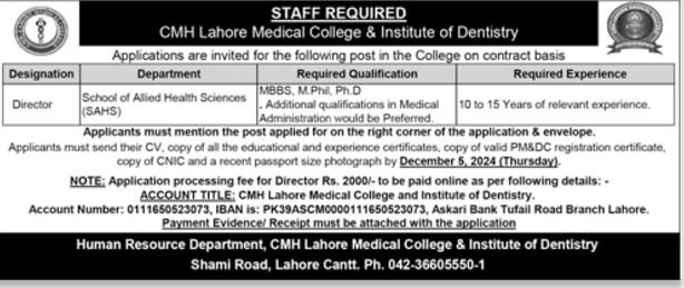 CMH Lahore Medical College & Institute Of Dentistry Jobs Jobs 2024 — original advertisement