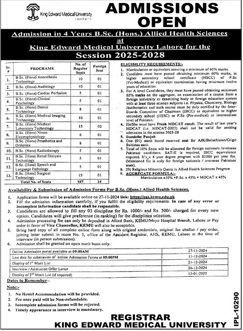 Admission Open King Edward Medical University Lahore 2024 Admissions 2024 — original advertisement