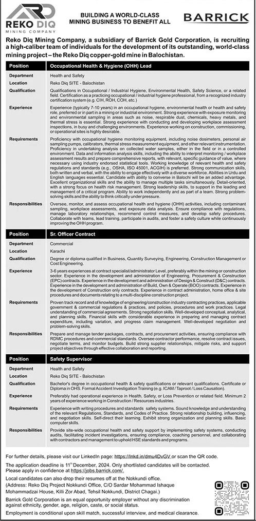 Reko Diq Mining Company Balochistan Jobs 2024 – Barrick Pakistan Jobs 2024 — original advertisement