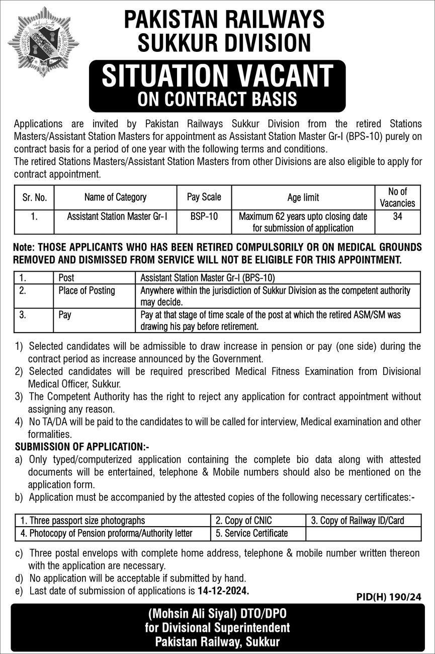 Pakistan Railways Sukkur Division Jobs 2024 – Ministry of Railways Islamabad Jobs 2024 — original advertisement