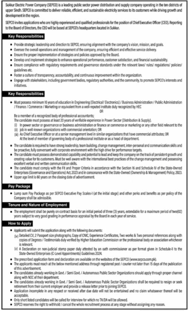 Sukkur Electric Power Company SEPCO Jobs 2024 Jobs 2024 — original advertisement
