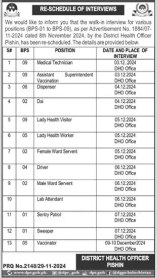 District Health Officer DHO Pishin Jobs Interview 2024 – Health Department Balochsitan Jobs 2024 — original advertisement