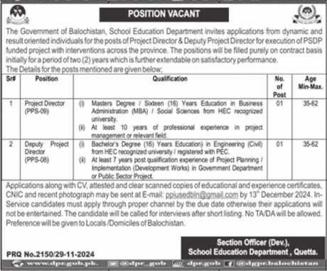 School Education Department Balochistan Jobs 2024 – Education Department Balochsitan Jobs 2024 — original advertisement
