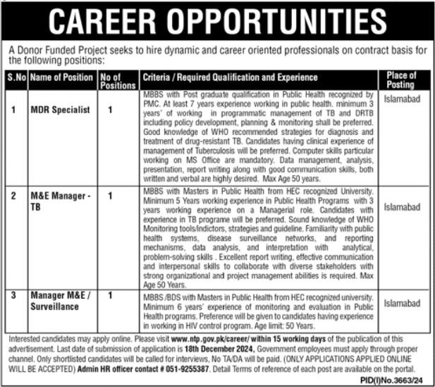 National TB Control Program NTP Islamabad Jobs 2024 – Public Sector Organization Jobs 2024 — original advertisement