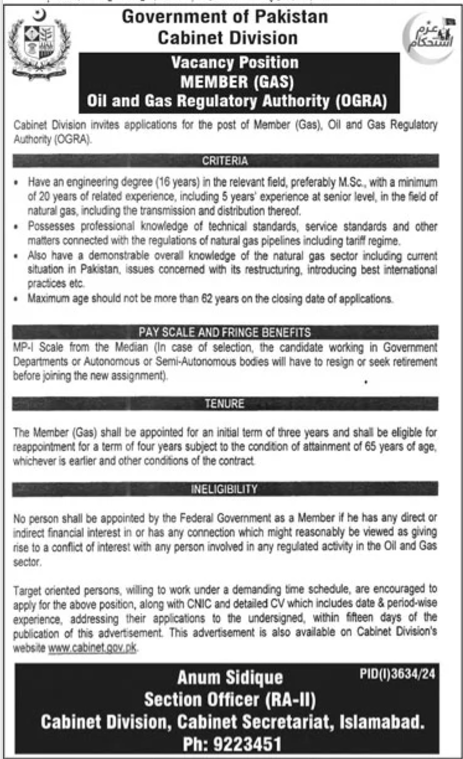OGRA Oil & Gas Regulatory Authority Islamabad Jobs 2024 – Cabinet Division Jobs 2024 — original advertisement