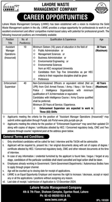 Lahore Waste Management Company LWMC Jobs 2024 – Lahore Waste Management Company Lahore Jobs 2024 — original advertisement