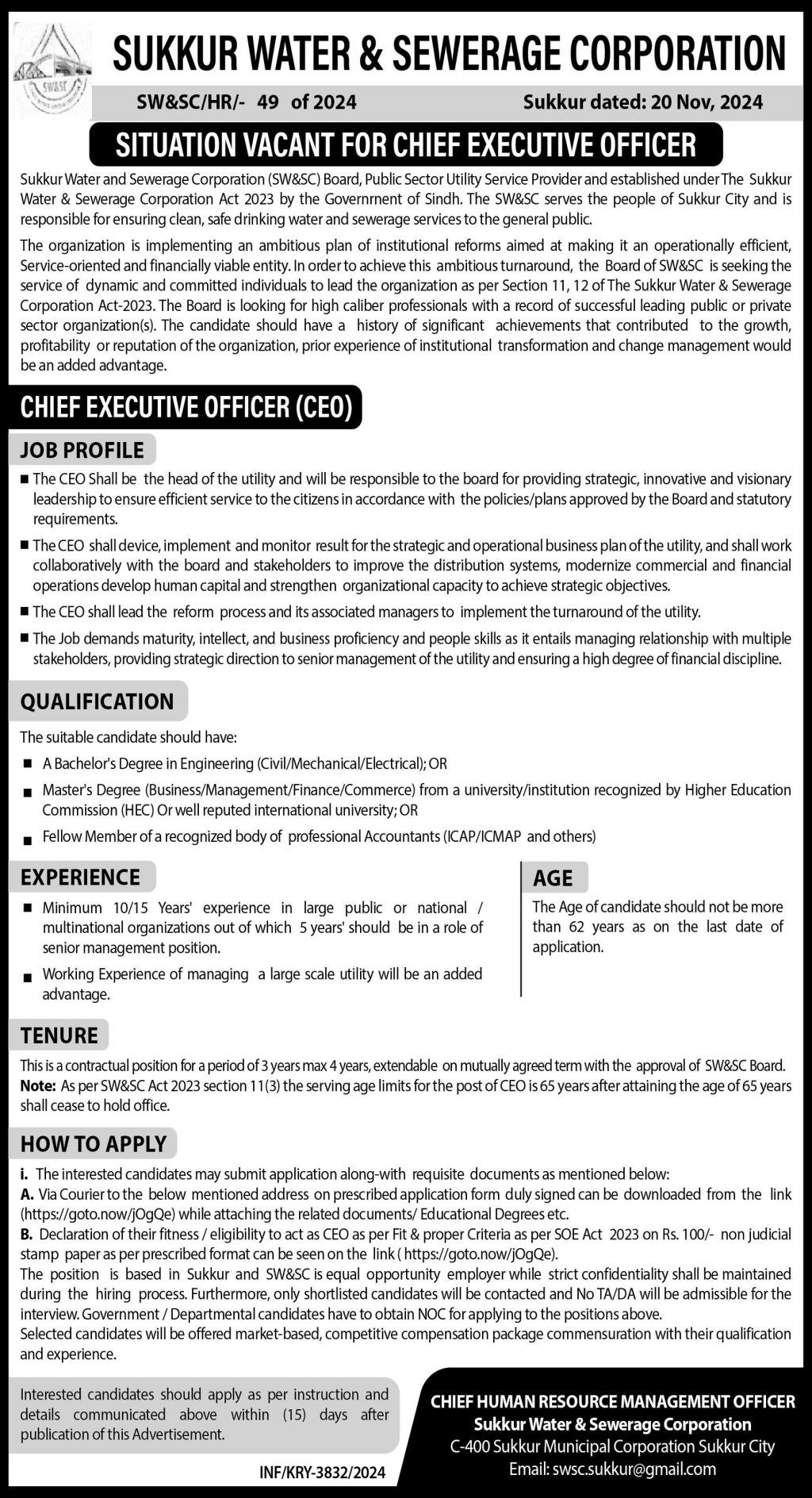 Sukkur Water & Sewerage Corporation SWSC Jobs 2024 – Irrigation Department Sindh Jobs 2024 — original advertisement