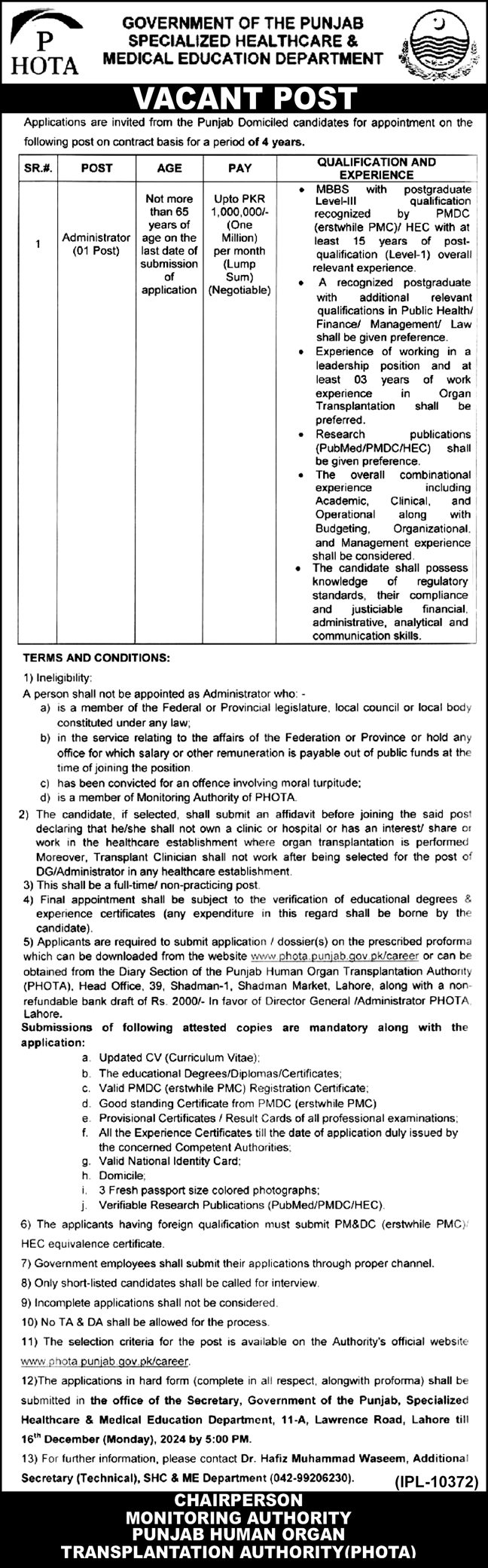 Specialized Healthcare & Medical Education Department Jobs – Specialized Healthcare And Medical Education Department Lahore Jobs 2024 — original advertisement