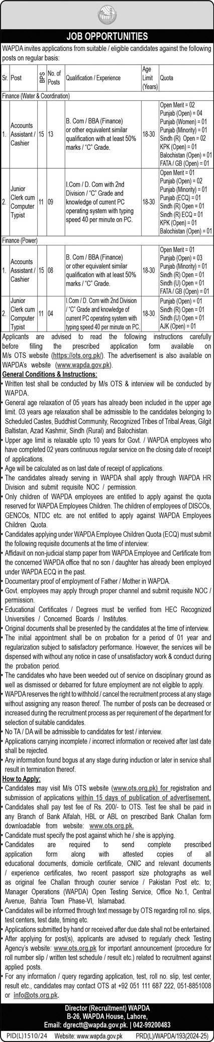 Water and Power Development Authority WApda Jobs 2024 Jobs 2024 — original advertisement