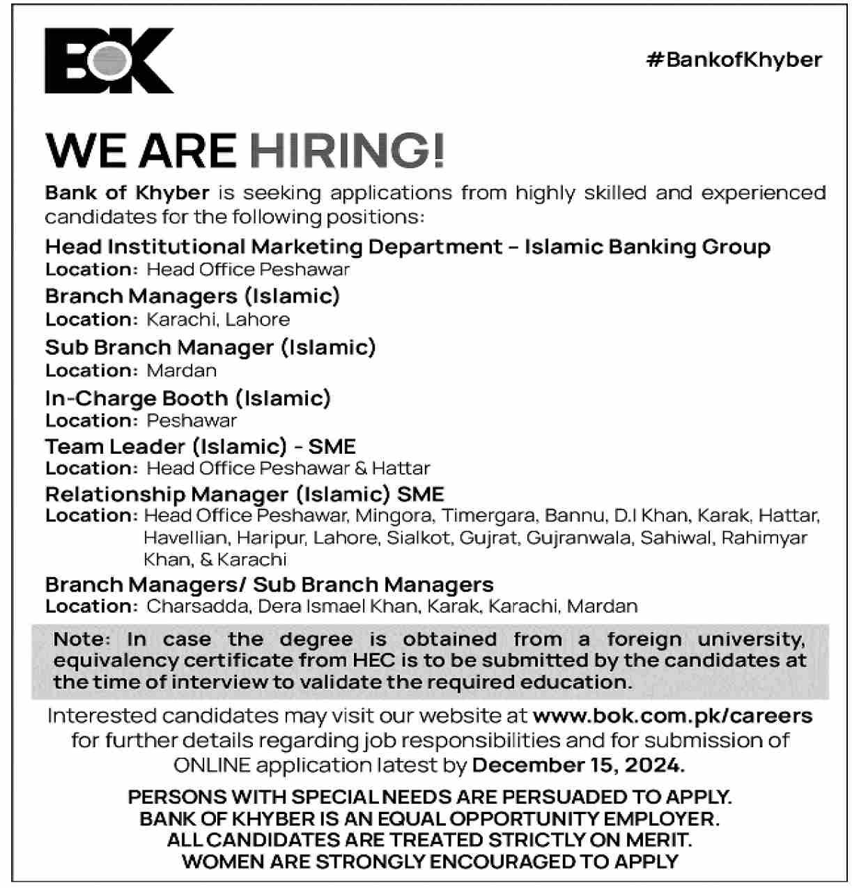 The Bank Of Khyber BOK Peshawar Jobs 2024 Jobs 2024 — original advertisement