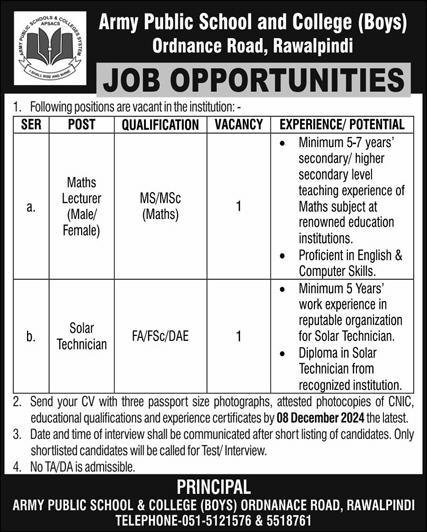 Army Public School And College Boys Rawalpindi Jobs 2024 – Army Public School & College Paksitan Jobs 2024 — original advertisement