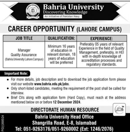 Bahria University Lahore Campus Jobs 2024 Jobs 2024 — original advertisement
