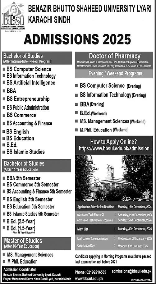 Admission Open in Benazir Bhutto Shaheed University Lyari Admissions 2024 — original advertisement