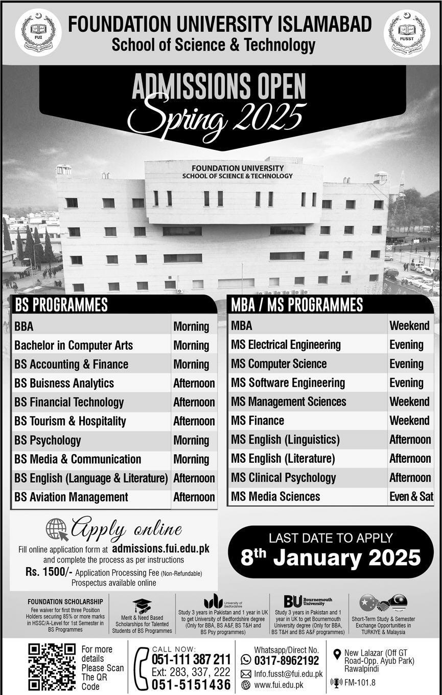 Admission Open in Foundation University Islamabad 2025 Admissions 2024 — original advertisement