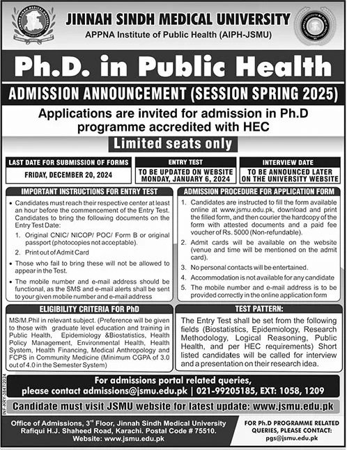 Admission Open in Jinnah Sindh Medical University Karachi Admissions 2024 — original advertisement
